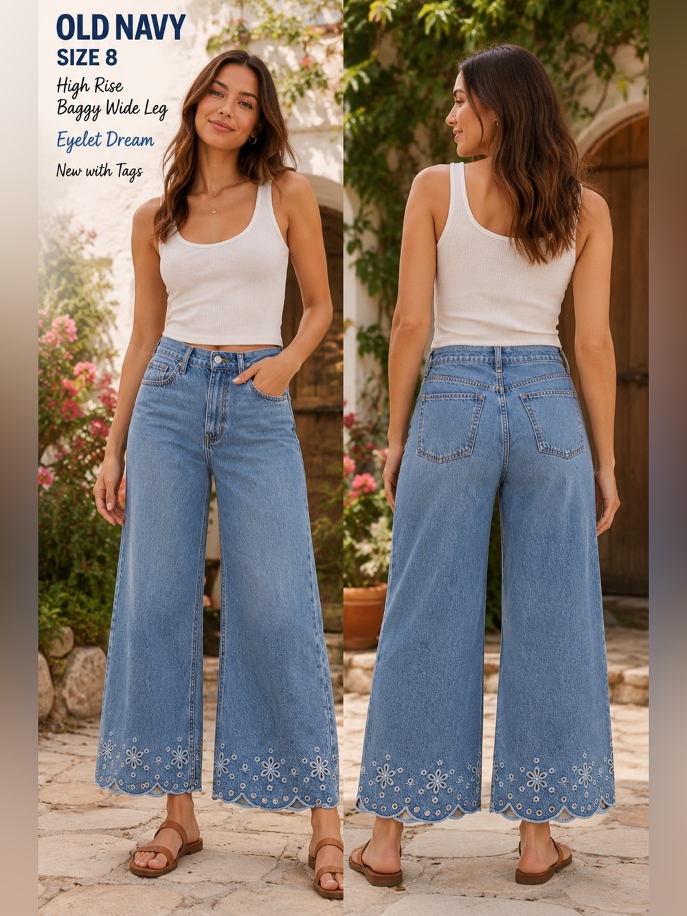 Old Navy Eyelet Dream Jeans Womens 8 High Rise Baggy Wide Leg Embroidered NEW